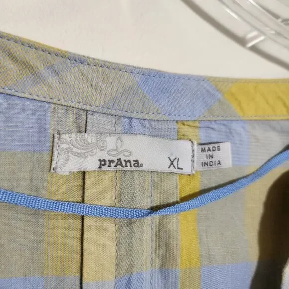 PrAna Elena popover yellow & blue plaid vneck button front shirt woman's size XL - Picture 4 of 12